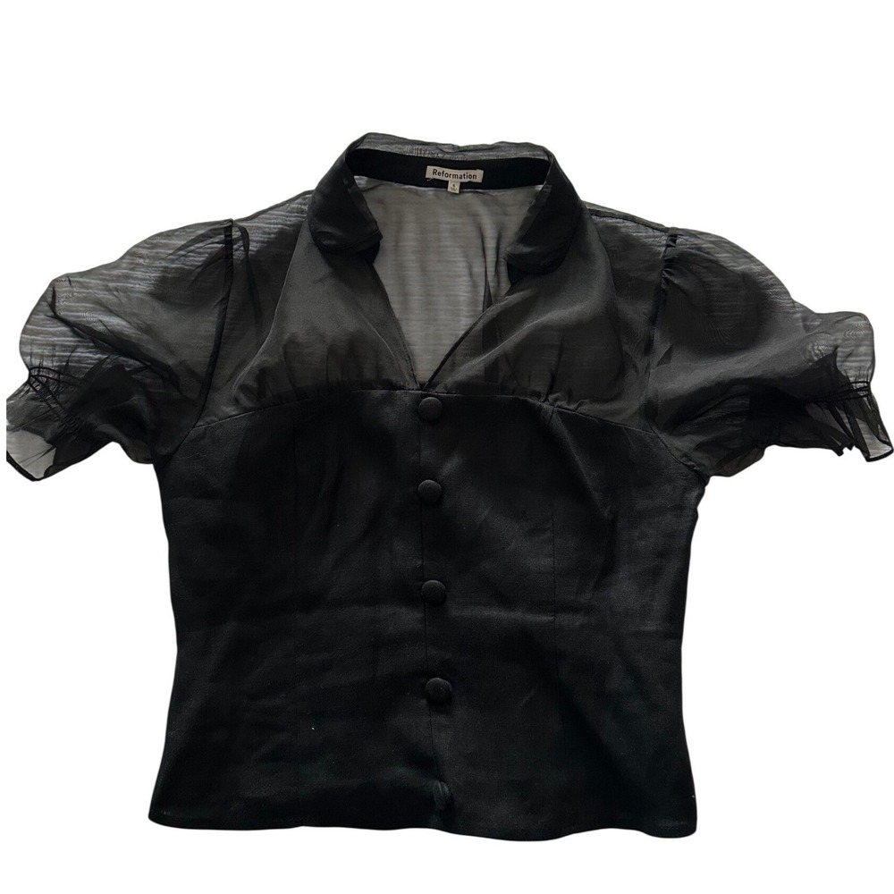 Reformation Black Linen Sheer Organza Puff Sleeve Button Front Top Size 6 - Picture 2 of 7